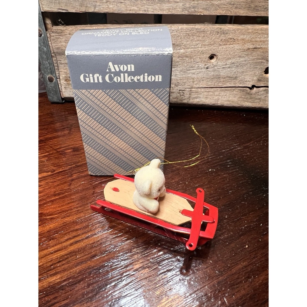 Avon Ornament Teddy Bear on Red Sled Christmas  With Original Box Vintage
